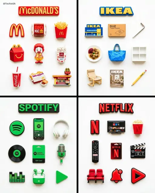 A flat-lay collection of exactly 9 hyper-realistic 3D resin fridge magnets arran...