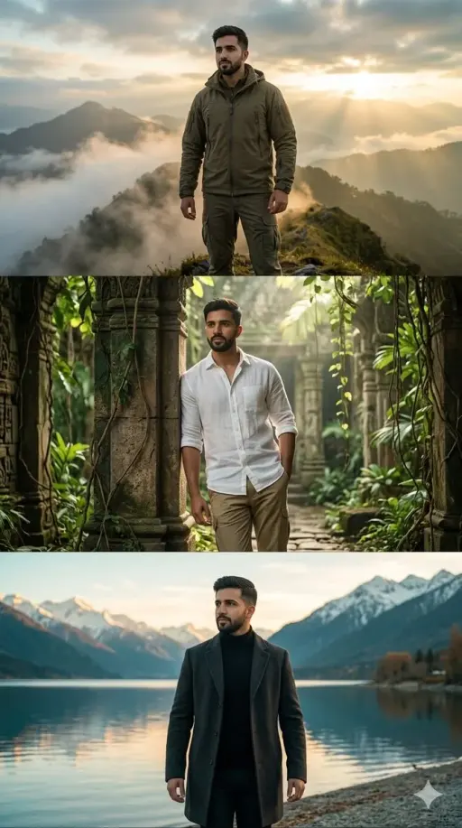 Create a hyper-realistic three-panel vertical cinematic collage in 9:16 aspect r...