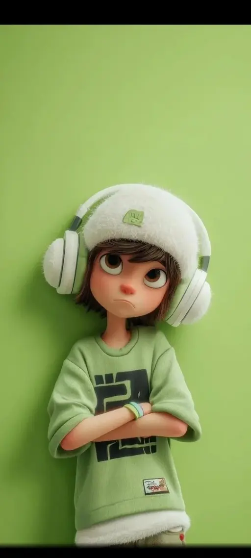 A stylized 3D cartoon character of a young boy with big expressive eyes and a sl...