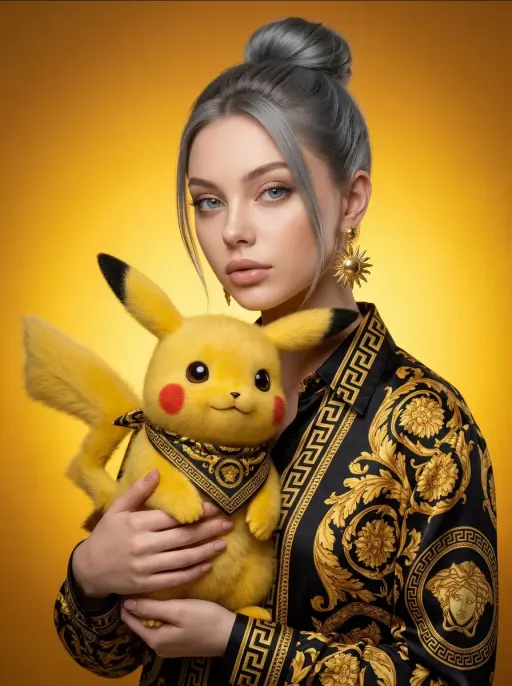 A high-fidelity, high-fashion studio photograph featuring a young woman with a c...
