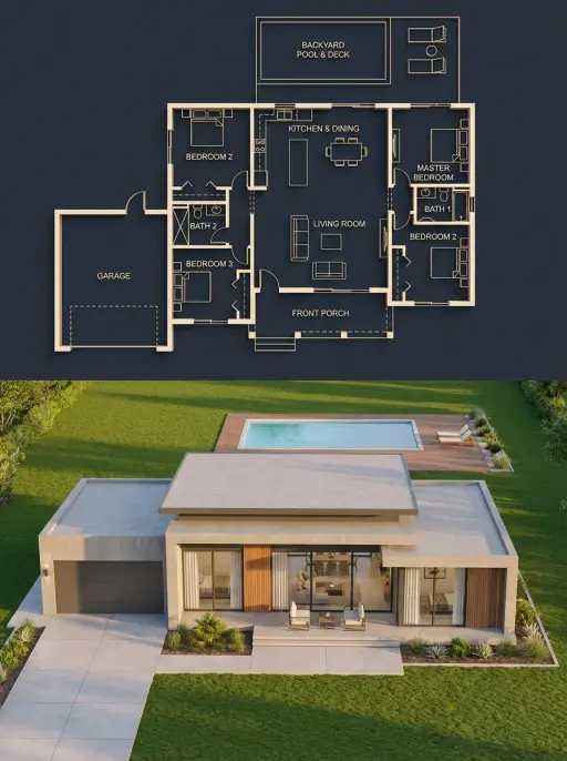 { "objective": "Create a split architectural visualization where the top is a de...