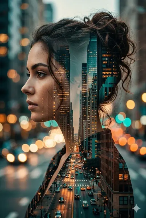 A cinematic double exposure portrait of a young woman hollywood actress in profi...