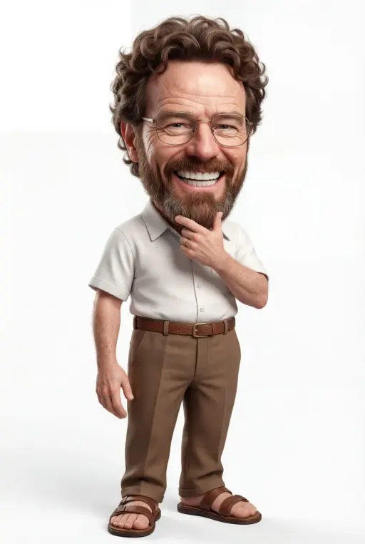 A highly detailed 3D caricature of a cheerful man with an oversized head, a big...