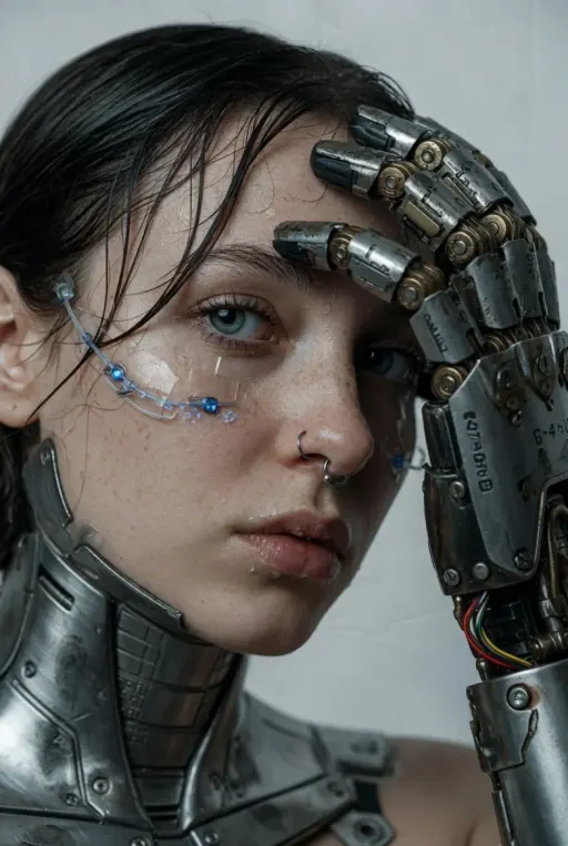 A hyper-realistic, cinematic extreme close-up portrait of a young woman with fai...