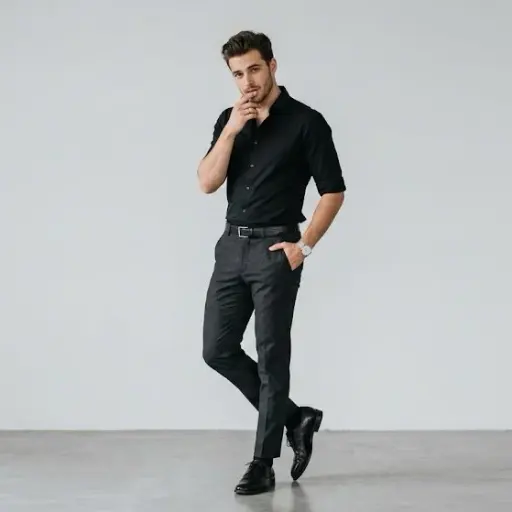 Full-body portrait of a stylish young man standing against a plain light gray ba...