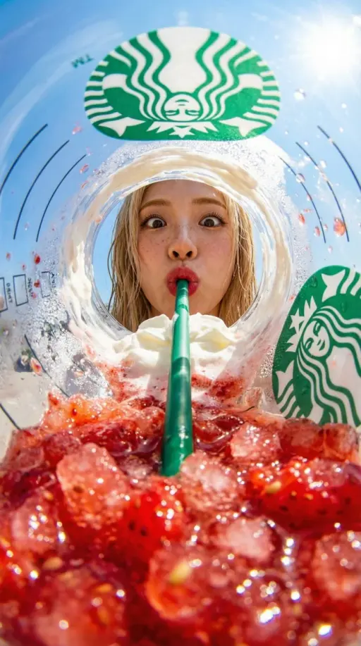 { "prompt": "View from inside a Starbucks strawberry frappuccino cup looking up,...