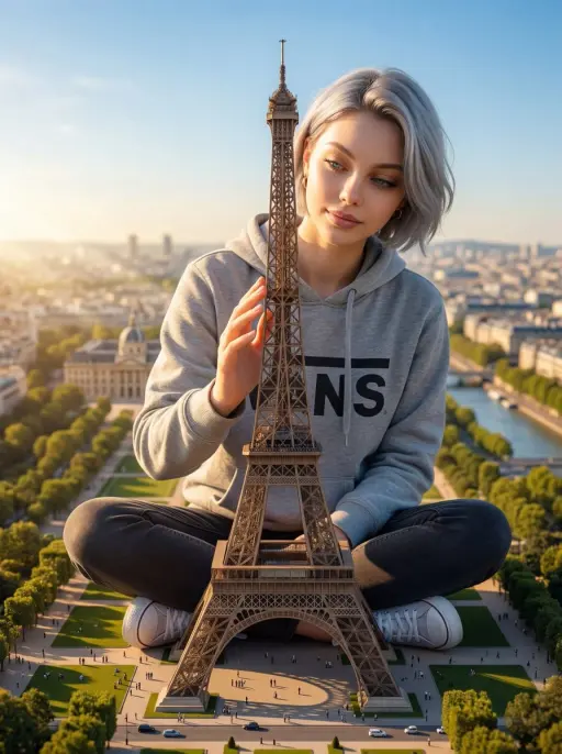 A titanic 600-meter tall woman sitting cross-legged on Champ de Mars in Paris. S...