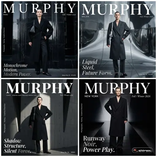 Murphy magazine fashion editorial photograph. Androgynous model early 30s, sharp...
