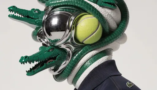 [BRAND]. A hyperrealistic editorial photo of a figure wearing a unique helmet or...