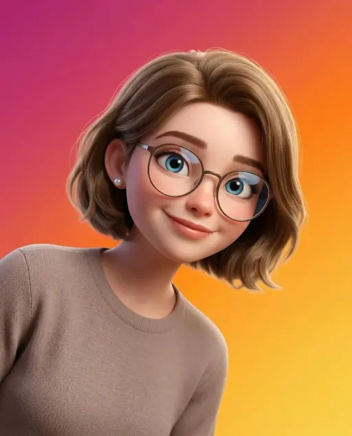 A stylized Pixar-style 3D portrait of a young person with smooth skin, large exp...