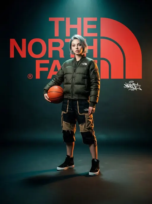 A high-fashion, cinematic brand concept poster for "The North Face." The scene f...