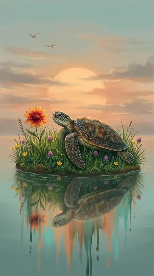 A digital fantasy illustration of a small turtle resting on a grassy riverbank a...