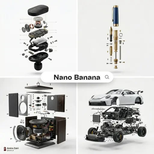 [product], high-end product advertising, white seamless background, exploded vie...