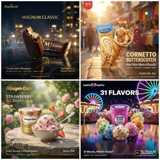Hyper-realistic professional FMCG ice cream commercial ad poster. Magnum Classic...