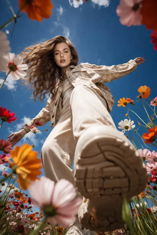 A cinematic ultra-wide low-angle shot of a stylish young woman walking through a...