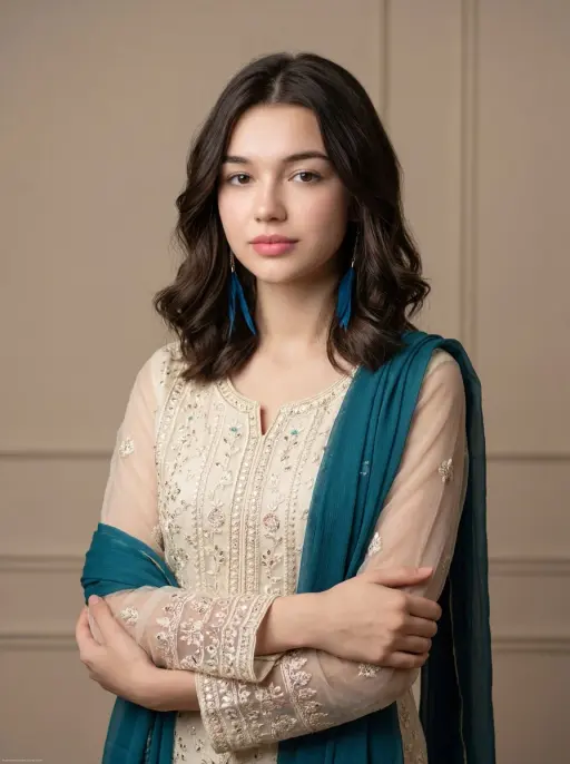 { "image_generation": { "subject": { "description": "young woman in elegant trad...