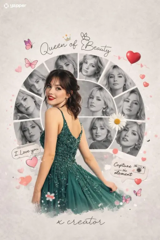 A creative romantic digital photo collage featuring a young handsome woman in a...