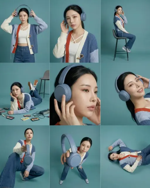 3×3 storyboard grid, nine panels, same subject and outfit, consistent teal studi...