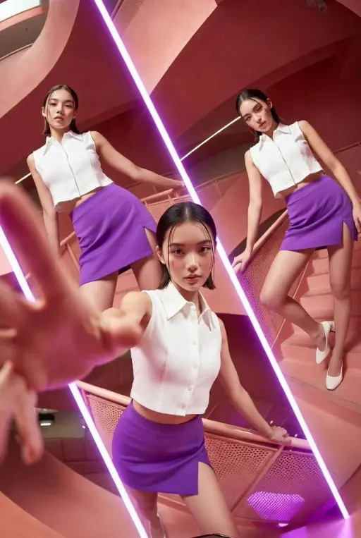 A vibrant, high-fashion commercial photoshoot featuring a young stylish woman po...
