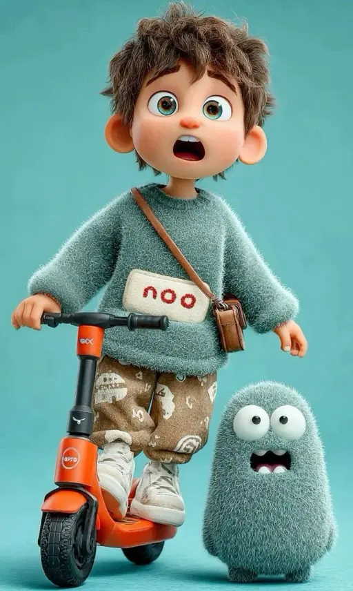 3D Pixar-style animated child character, cute young boy with messy brown hair an...