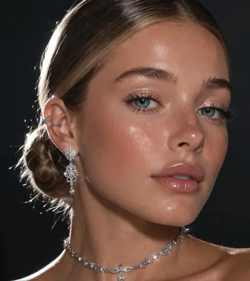 An extreme close-up focusing on a pretty lady's face and neck. She has blue eyes...