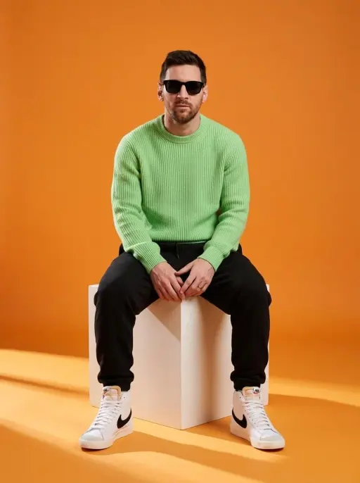 A stylish male model sitting on a white cube in a minimalist studio with a vibra...