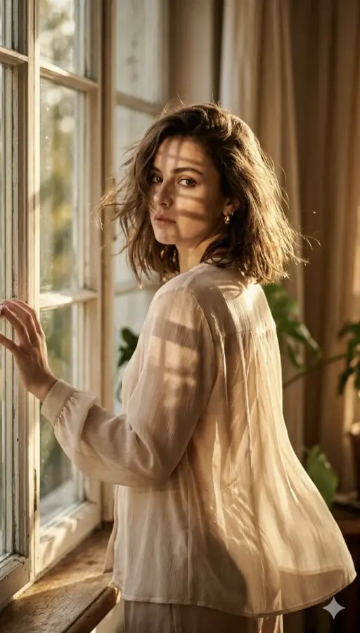 A high-fashion editorial portrait of a young woman standing by a large, rustic w...