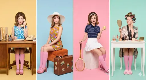 A retro-inspired studio photoshoot featuring a young woman styled in four differ...
