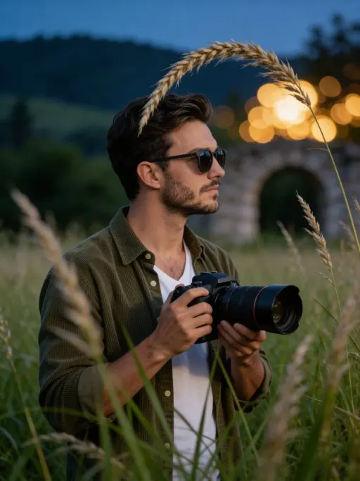 Cinematic medium shot of a young man with a trimmed beard and short brown hair,...