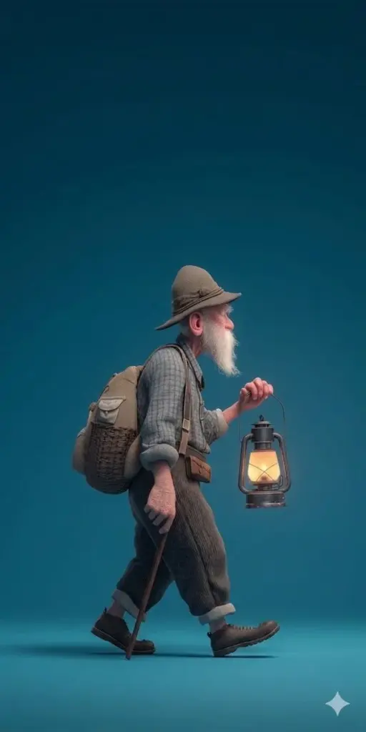 ​A stylized 3D rendered full-body profile portrait of an elderly male hiker with...