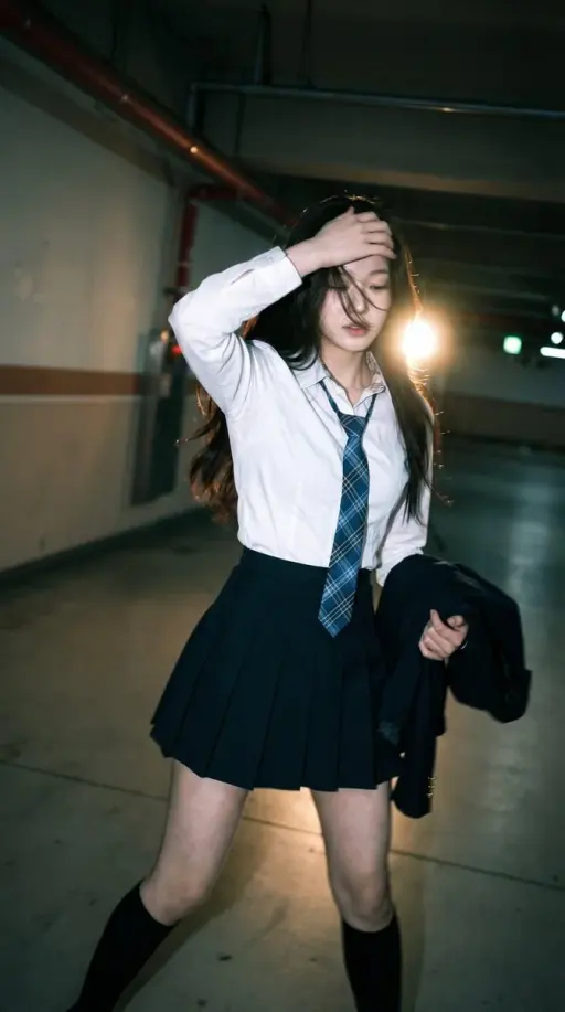 Candid portrait of a young woman in a dim parking garage, wearing a white shirt...