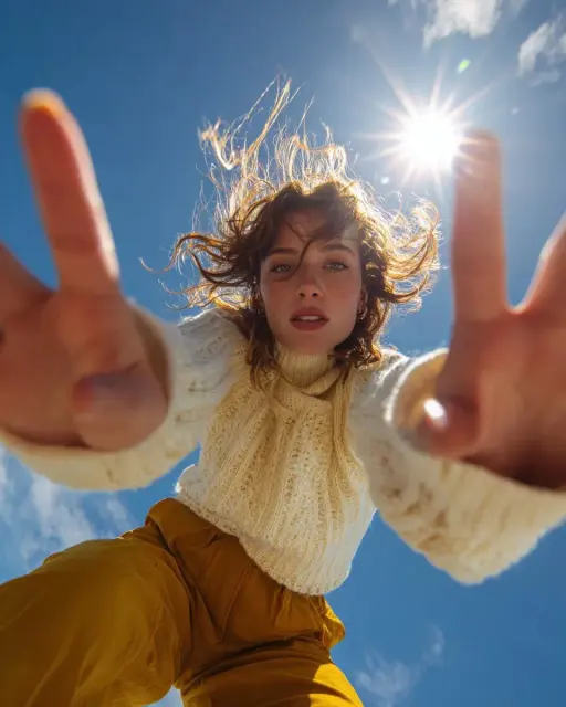 Ultra wide-angle low-angle portrait shot from ground perspective, young woman le...