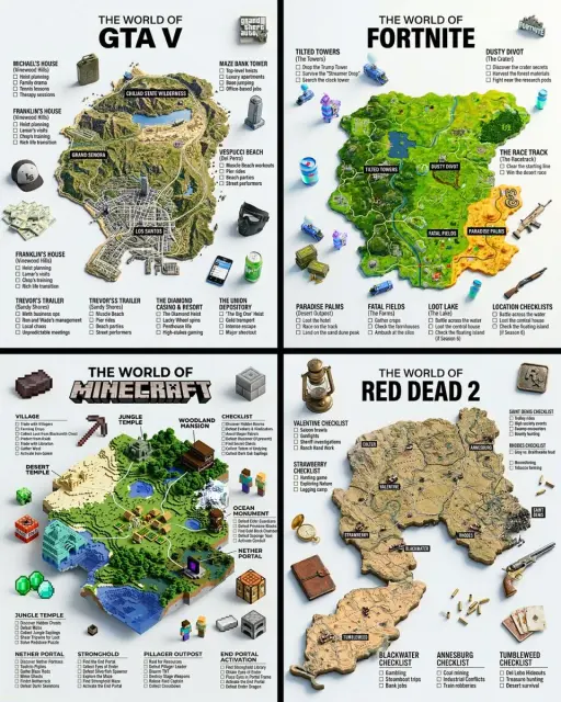 A hyper-realistic 3D game guide infographic poster for [GAME]. The in-game world...