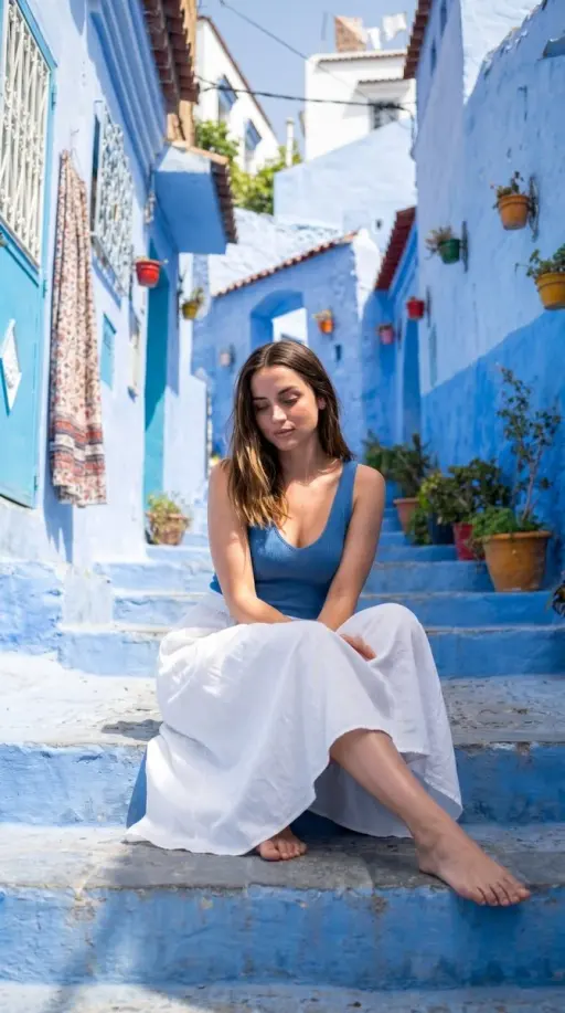 { "scene": { "setting": "narrow outdoor alley with stepped pathway in a Mediterr...