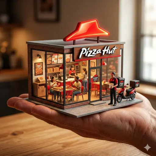 An ultra-realistic miniature [YOUR BRAND] showroom balanced on a human palm, des...