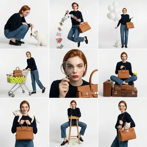 studio fashion collage, 3x3 grid layout, same subject repeated in different pose...
