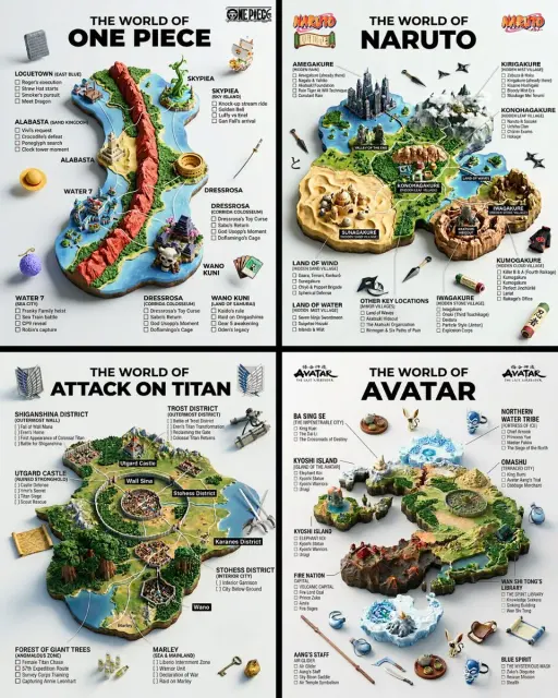 A hyper-realistic 3D world guide infographic poster for [SHOW]. The fictional wo...