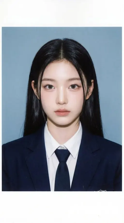 참조 이미지와 정확히 동일한 얼굴을 사용한 젊은 여성의 포토리얼리스틱 인쇄 초상화. 학교 신분증 사진처럼 중앙에 위치한 헤드 앤 숄더 구도. 그...