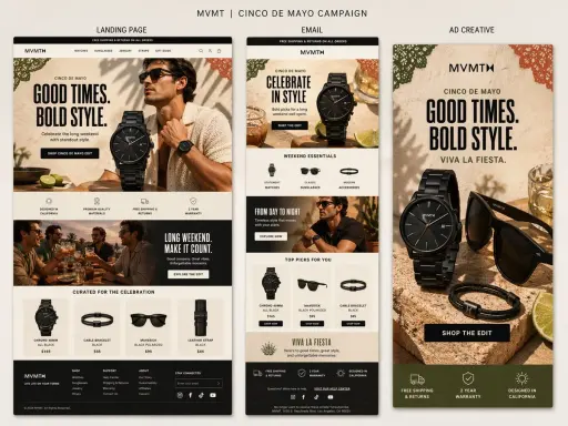 Create a premium presentation-style campaign board for MVMT’s Cinco de Mayo camp...