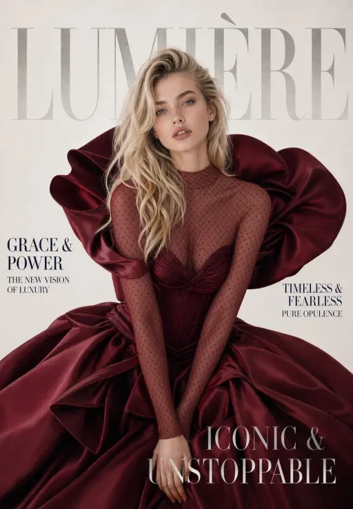 A luxury high-fashion magazine cover. Magazine name at the very top in massive e...