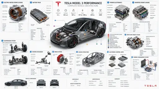 Generate a detailed full view of Tesla's main components, and also include detai...