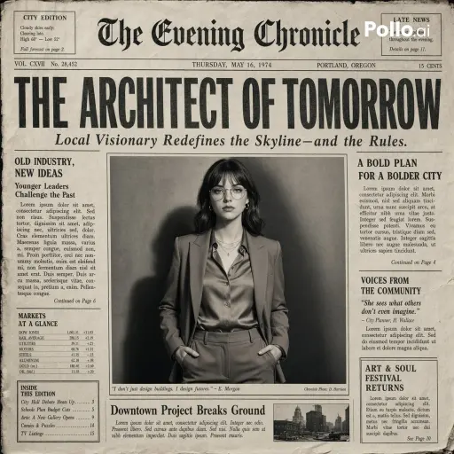 Create the most realistic front page design of a vintage newspaper featuring the...