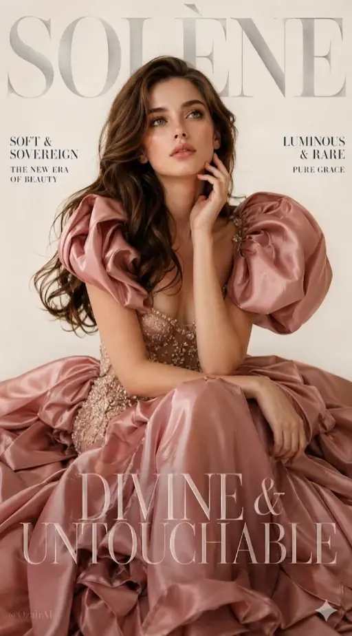 A breathtaking luxury fashion magazine cover. Large bold silver serif brand name...