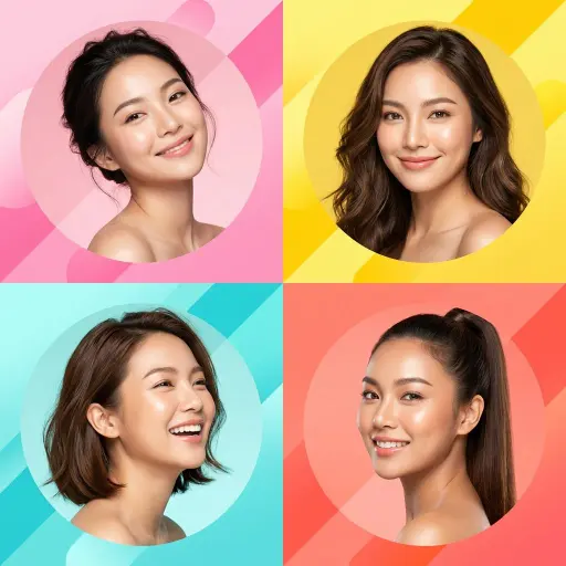 Ultra-modern high-end skincare advertising collage featuring four beautiful youn...