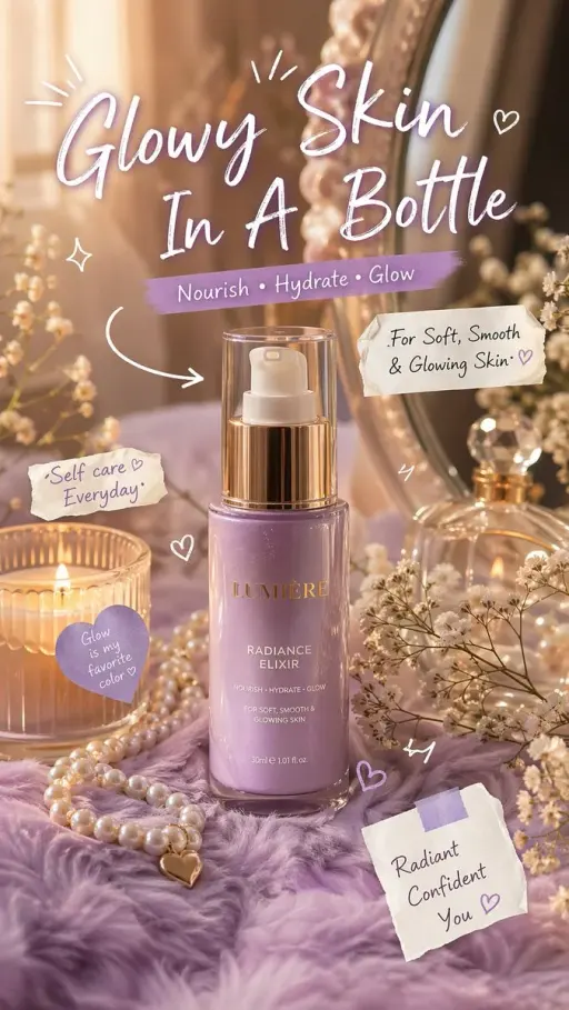 Luxury aesthetic skincare advertisement,soft pastel background, warm golden sunl...