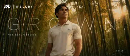 Cinematic product poster for WELLBI, India's premium bamboo apparel brand. SCENE...
