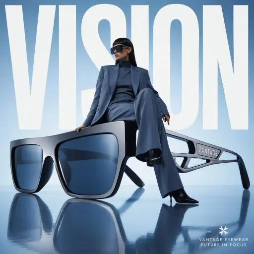 Avant-garde fashion advertisement, oversized futuristic sunglasses positioned li...