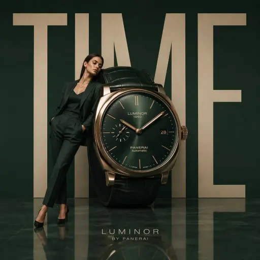 Minimalist luxury watch campaign, oversized wristwatch positioned like modern sc...