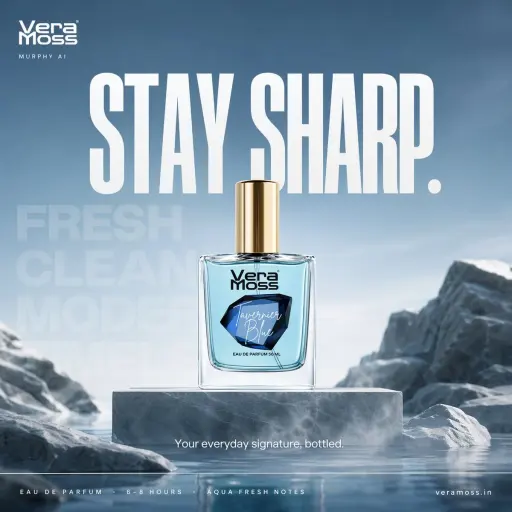 Hyper-realistic cinematic perfume billboard poster for Vera Moss Tavernier Blue...