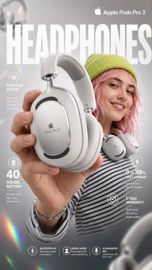 High-impact e-commerce infographic for "Apple Pods Pro 3" premium wireless over-...